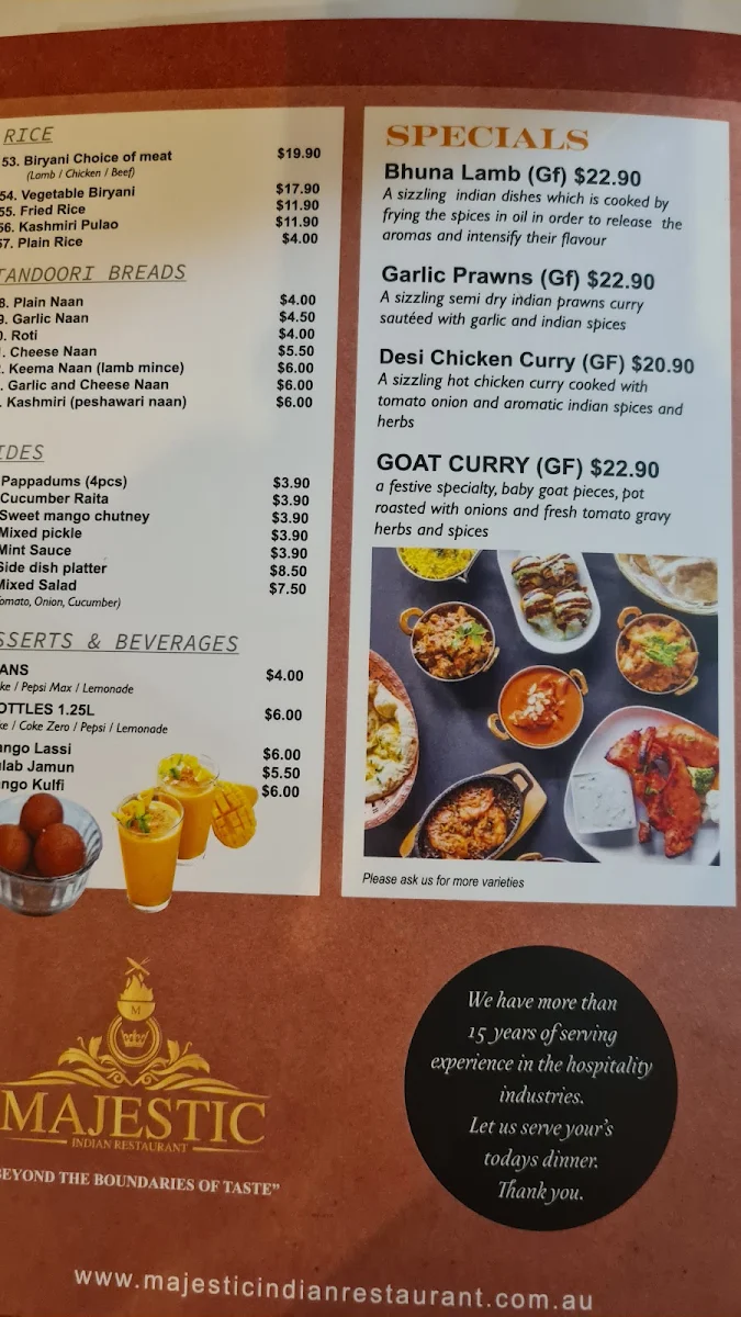 Menu, Majestic Indian Sutherland