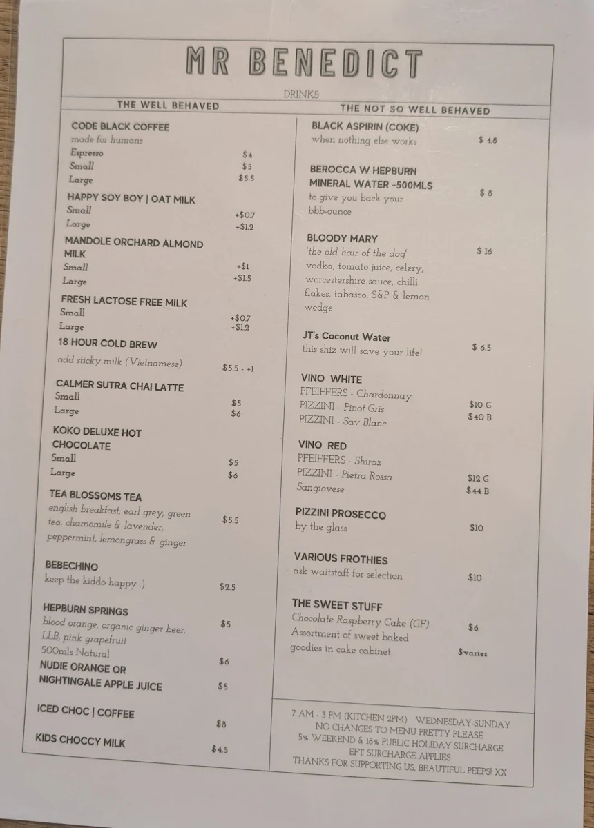 Menu, Mr. Benedict