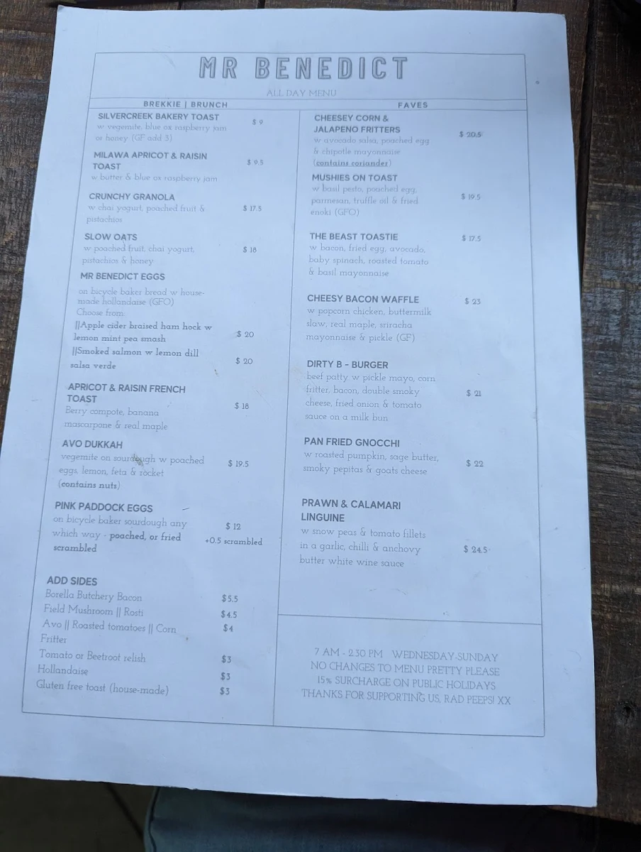Menu, Mr. Benedict