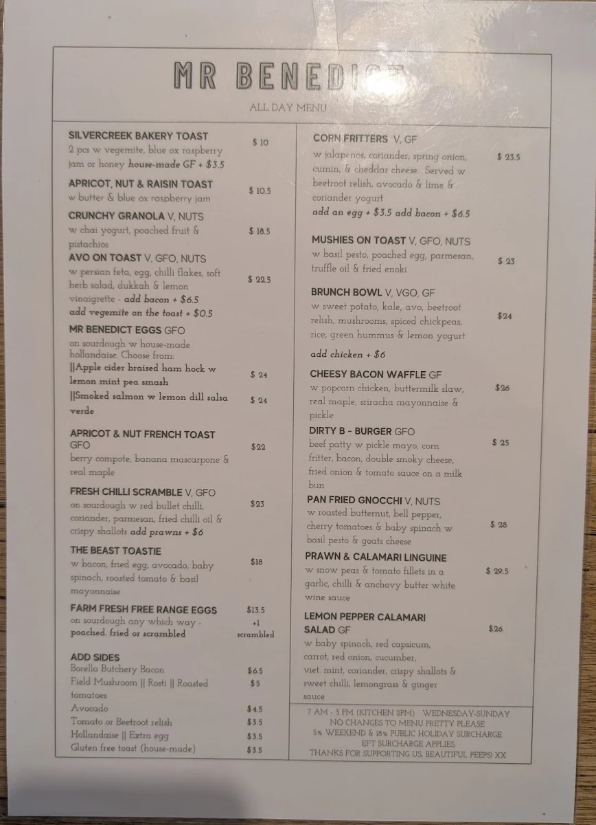 Menu, Mr. Benedict