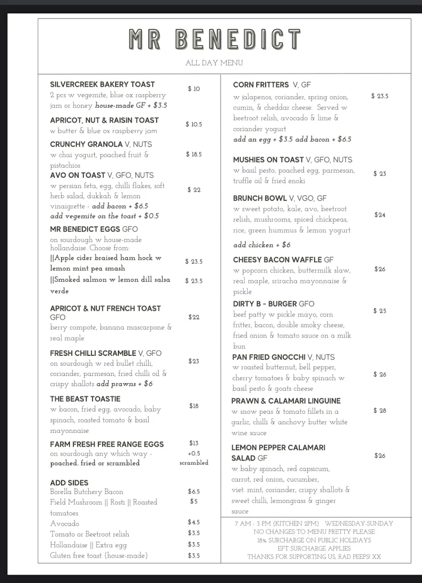 Menu, Mr. Benedict
