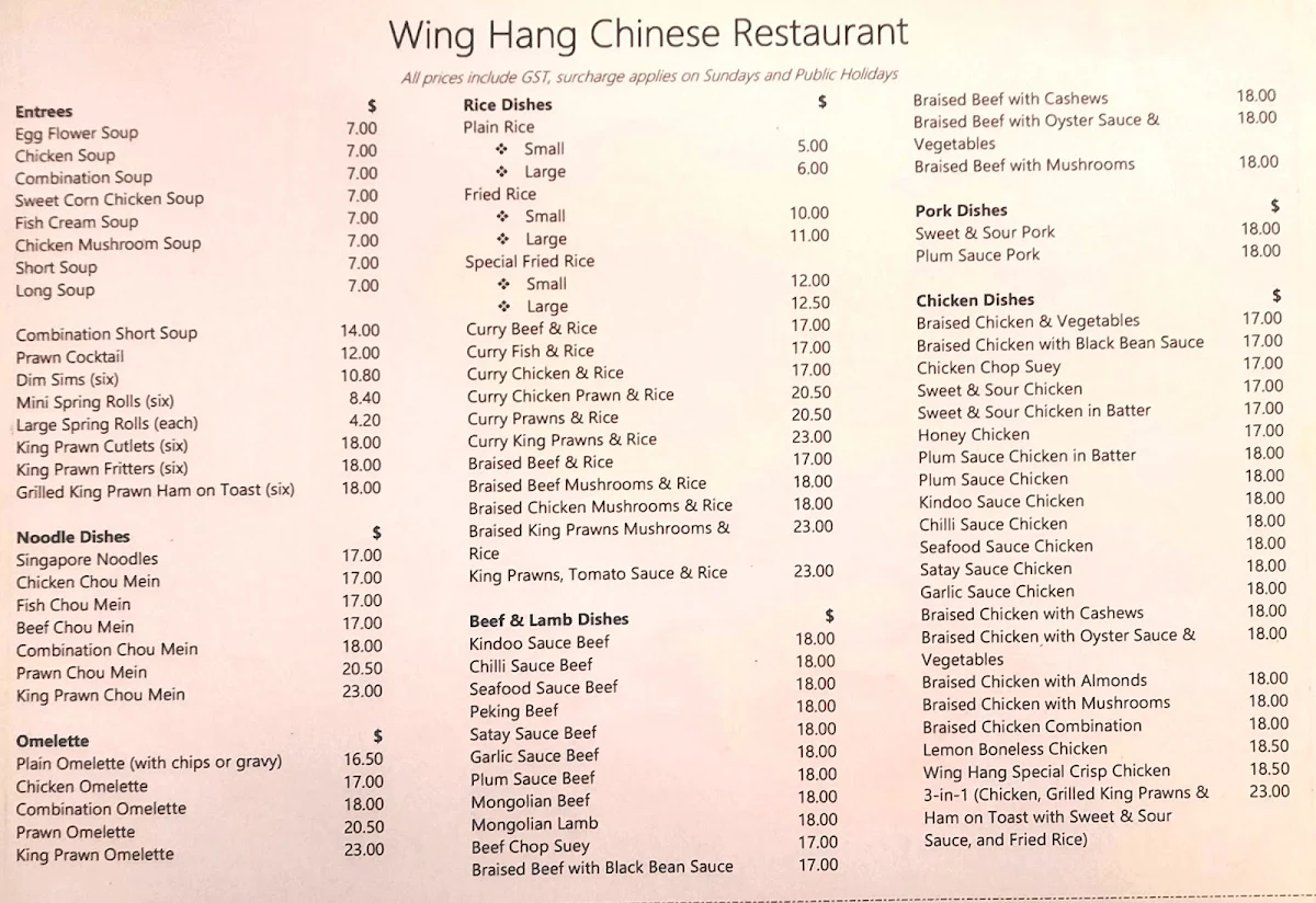 Menu, Wing Hang Chinese Restaurant