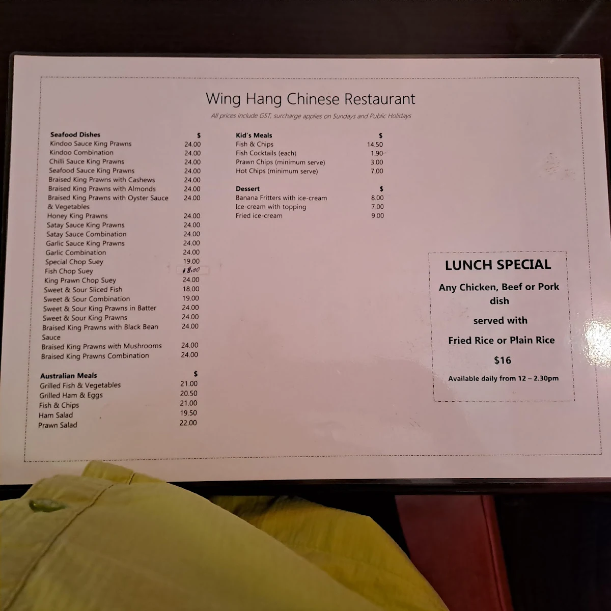 Menu, Wing Hang Chinese Restaurant