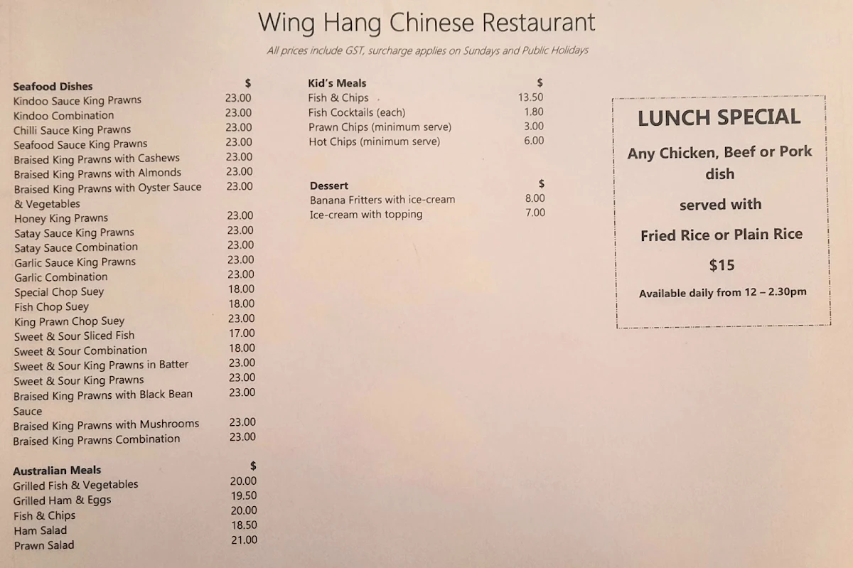 Menu, Wing Hang Chinese Restaurant