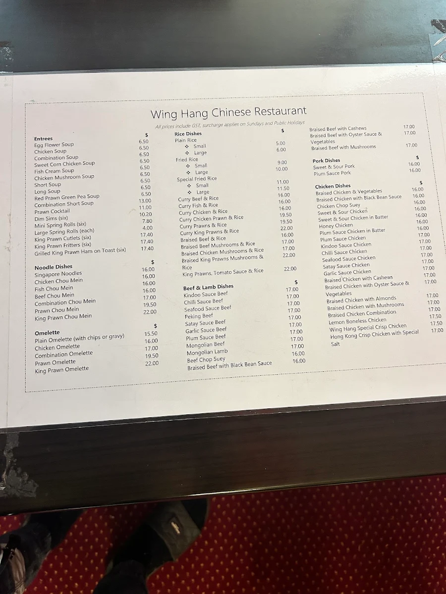 Menu, Wing Hang Chinese Restaurant