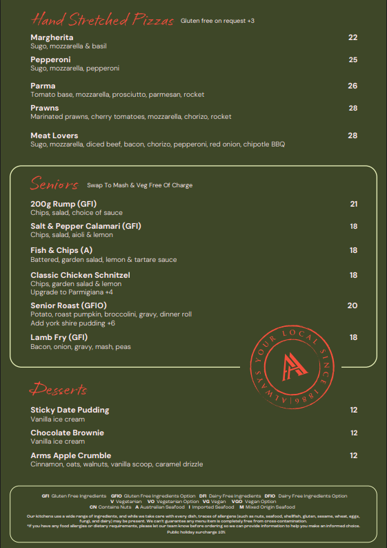 Menu, Alderley Arms Hotel