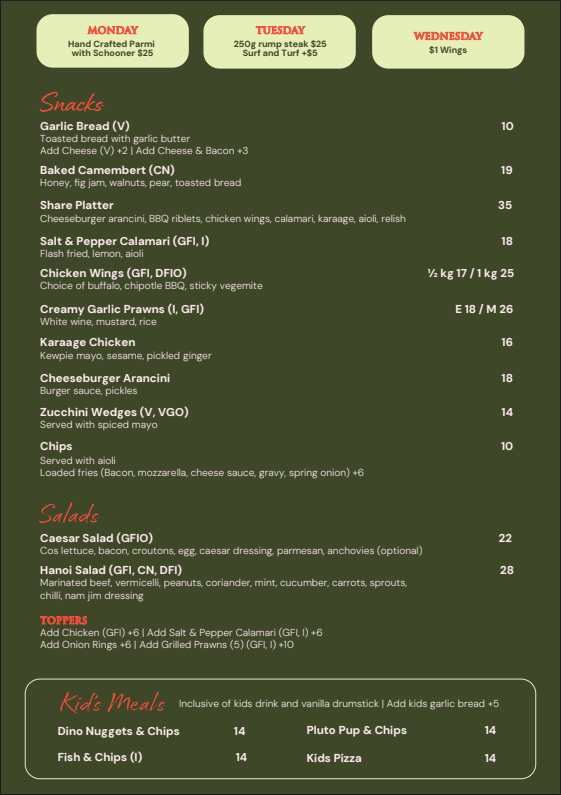 Menu, Alderley Arms Hotel