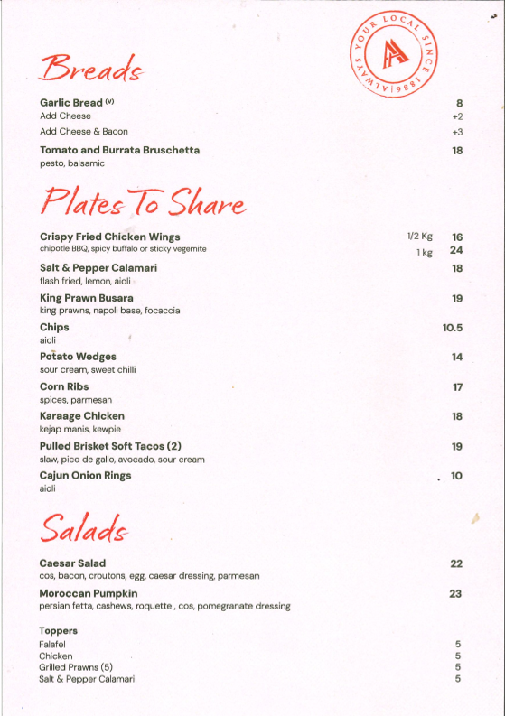 Menu, Alderley Arms Hotel