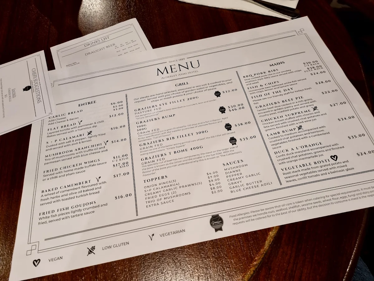 Menu, Alderley Arms Hotel