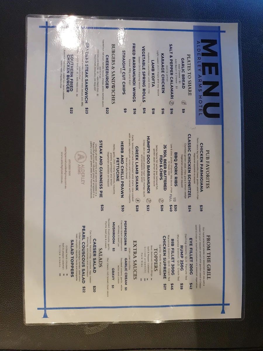 Menu, Alderley Arms Hotel