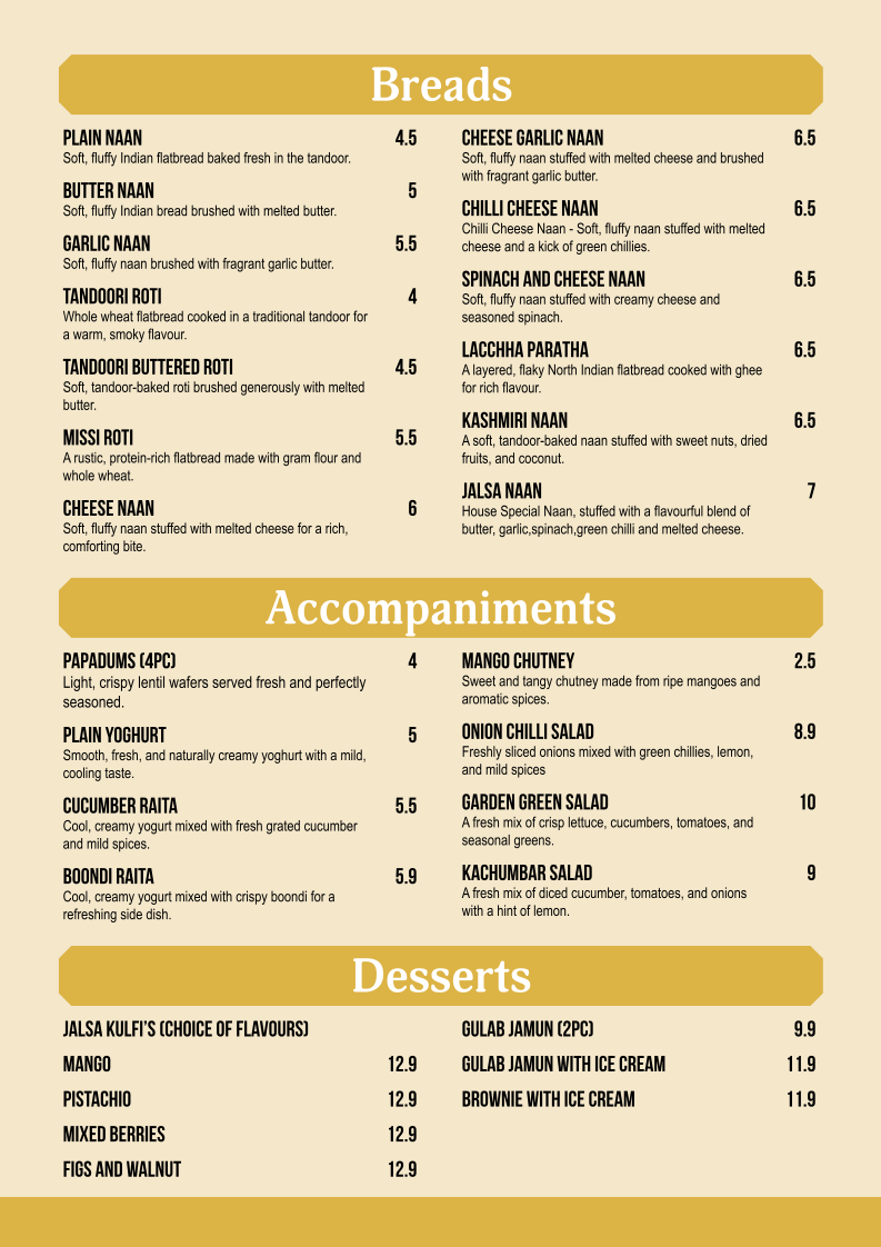 Menu, Jalsa Indian Bar & Restaurant- Adelaide
