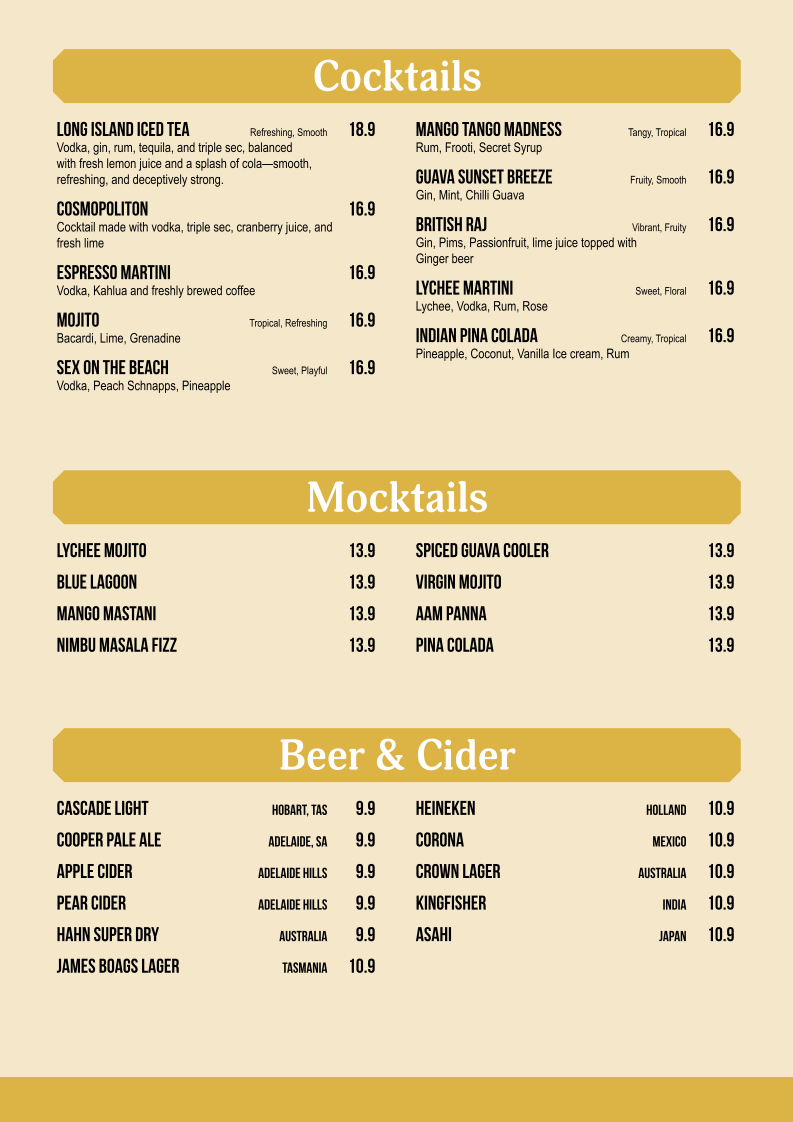 Menu, Jalsa Indian Bar & Restaurant- Adelaide