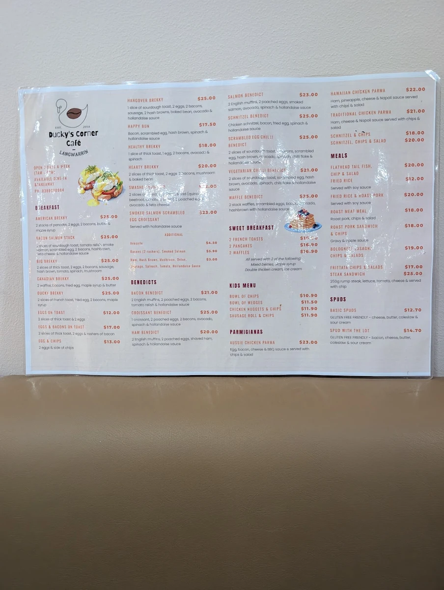 Menu, Ducky’s Corner Langwarrin