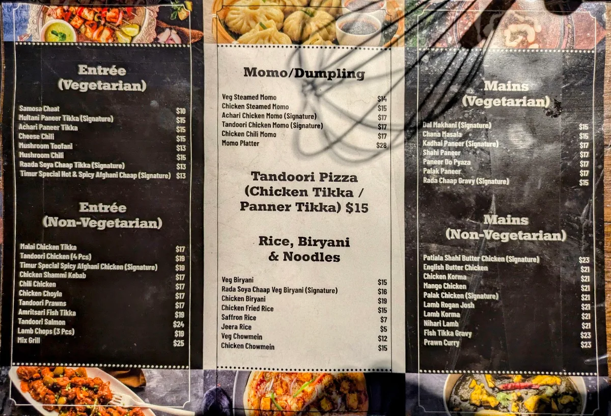 Menu, Timur Indian & Nepalese Restaurant