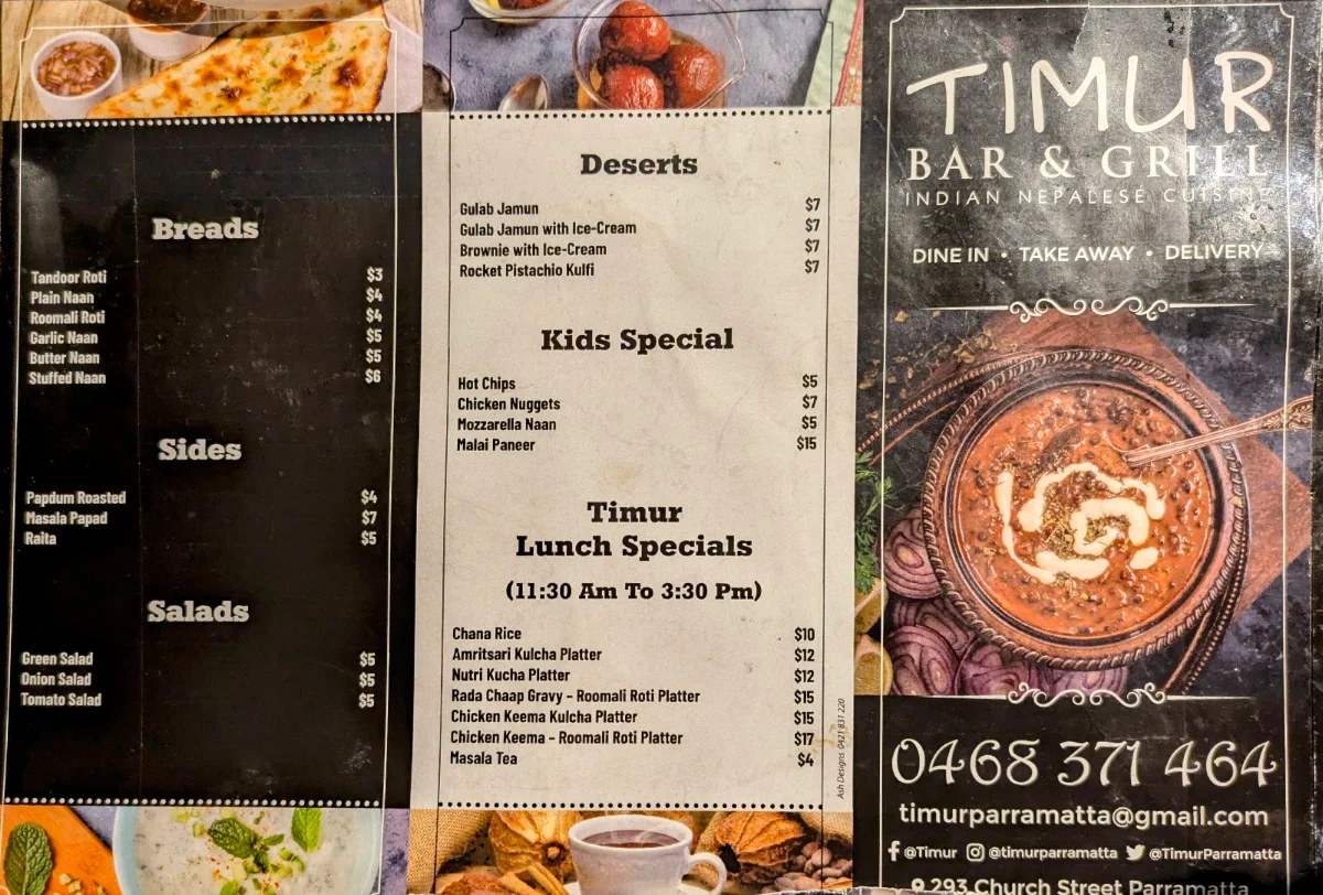Menu, Timur Indian & Nepalese Restaurant