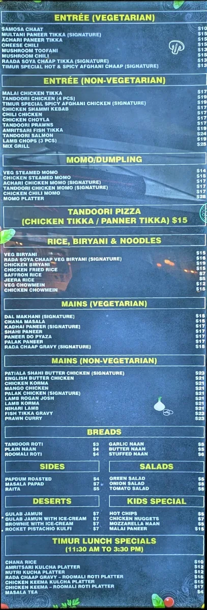 Menu, Timur Indian & Nepalese Restaurant
