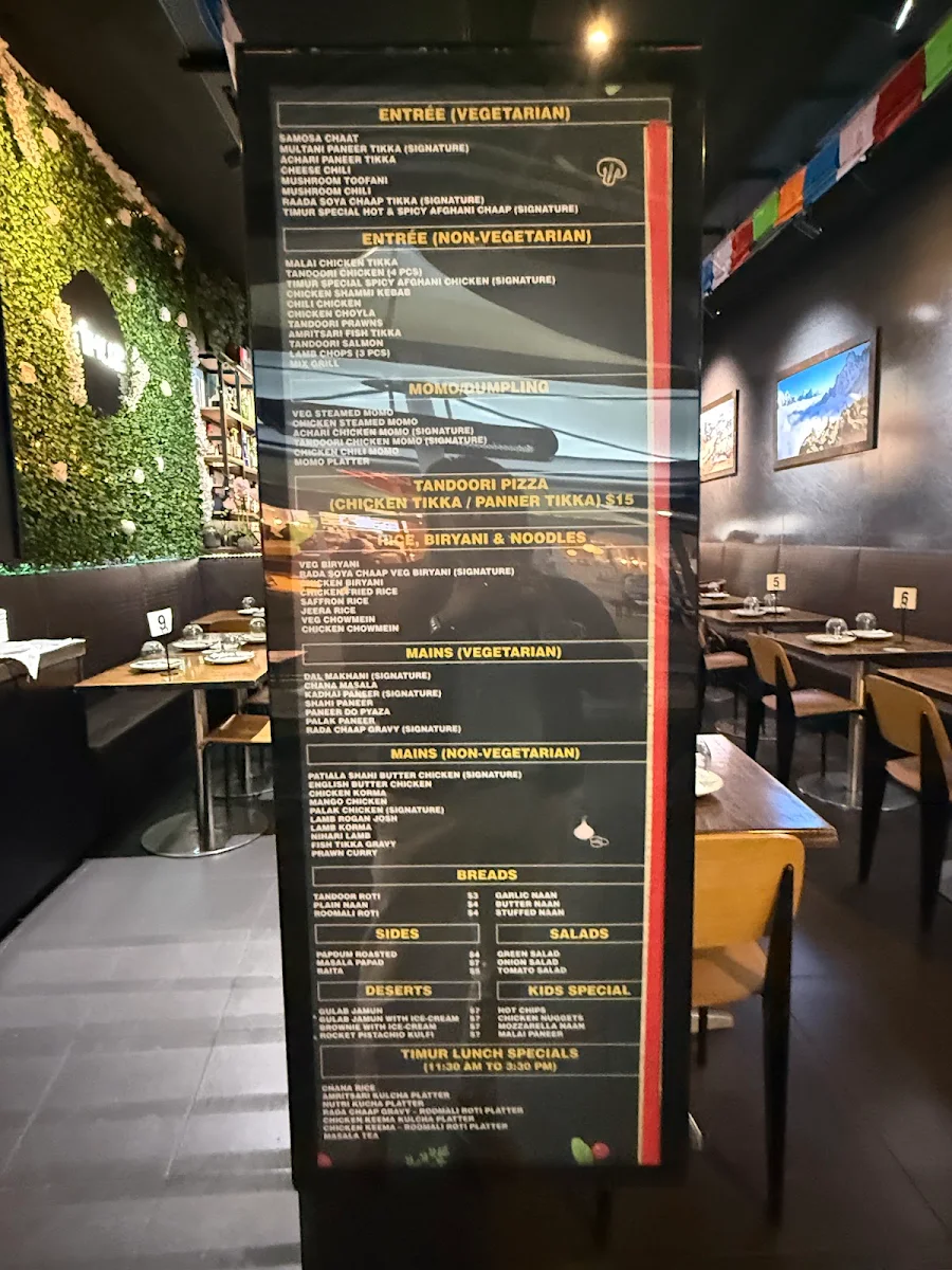 Menu, Timur Indian & Nepalese Restaurant