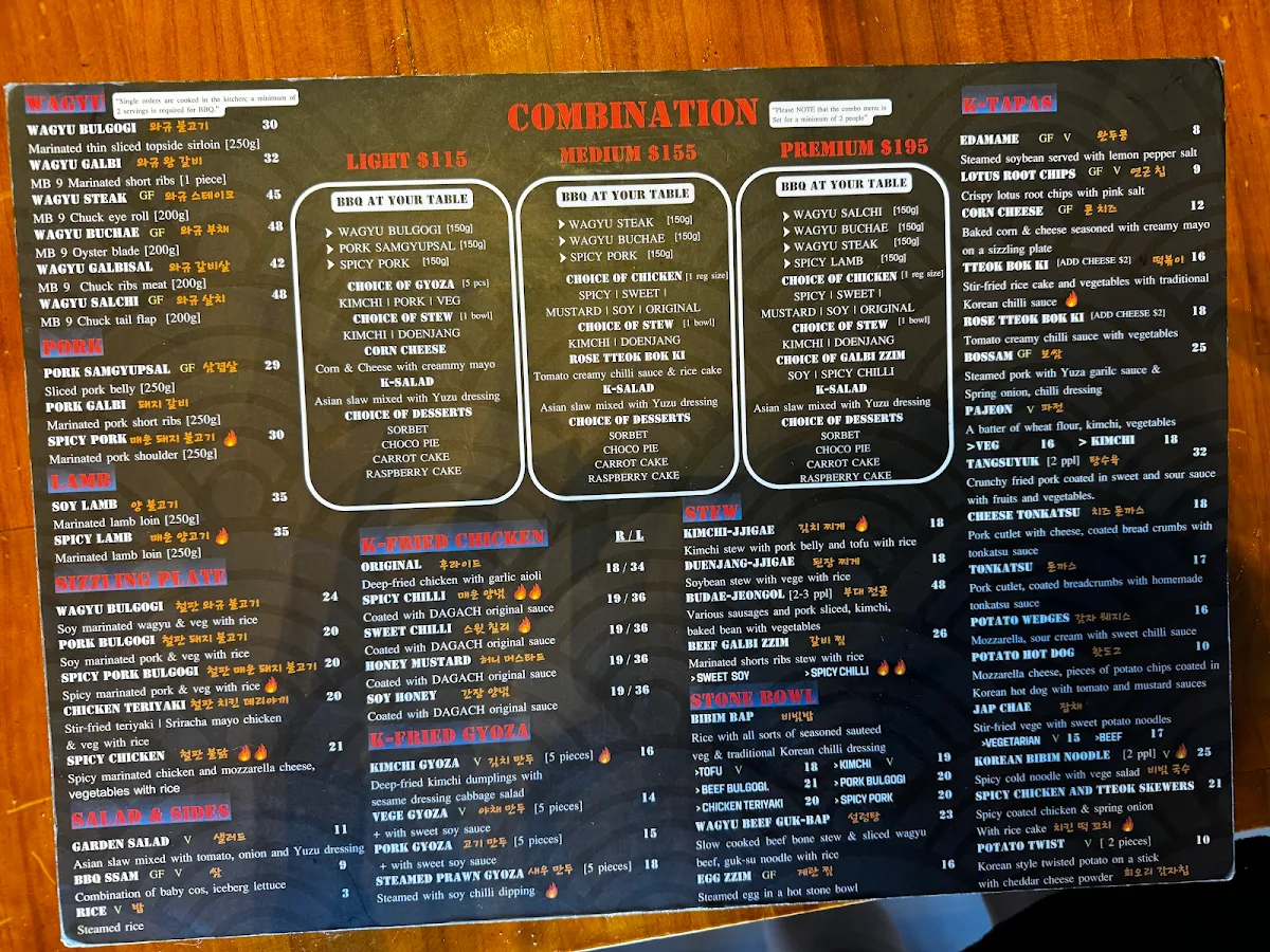 Menu, DAGACH KOREAN BBQ SANDRINGHAM