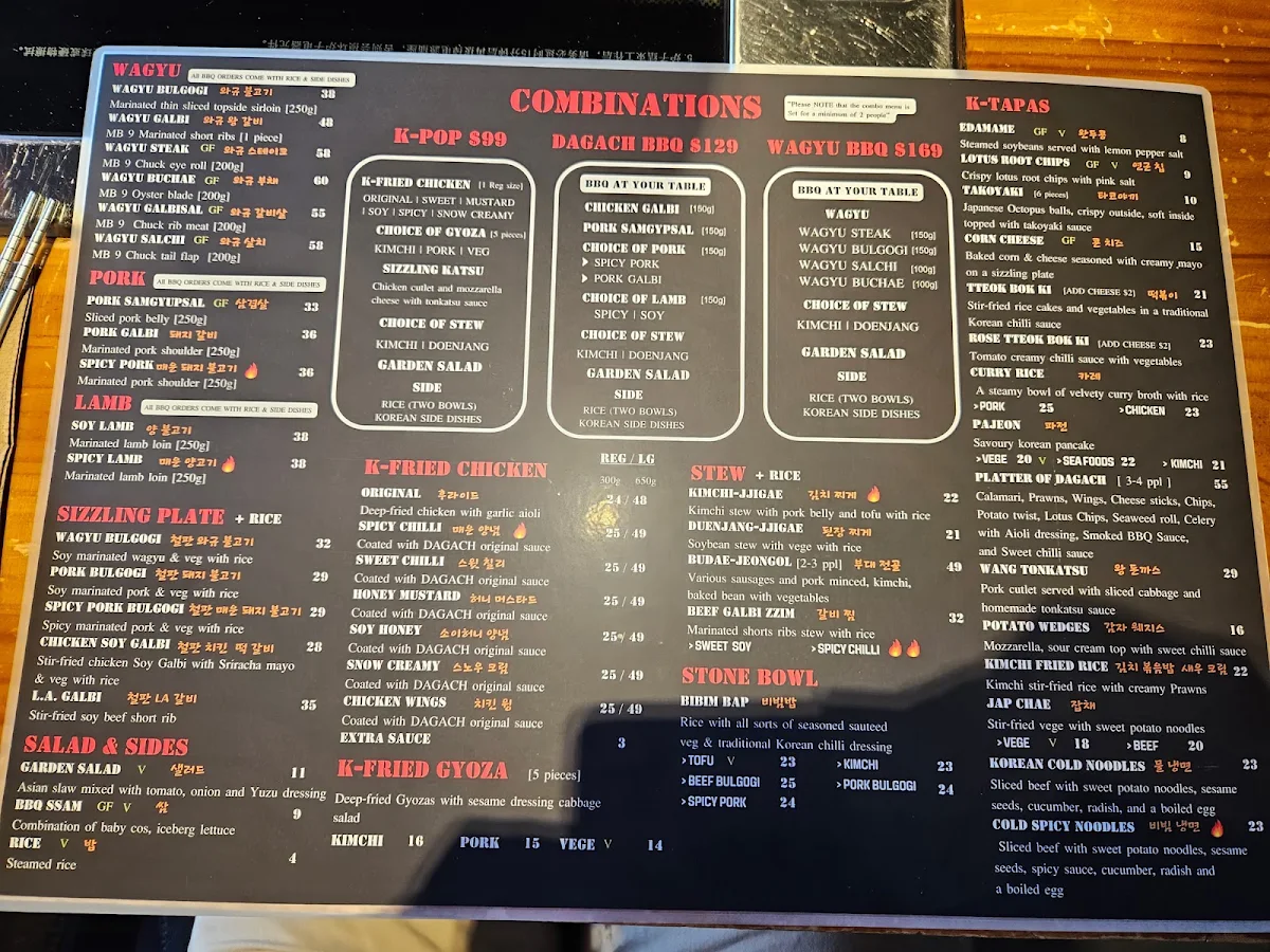 Menu, DAGACH KOREAN BBQ SANDRINGHAM