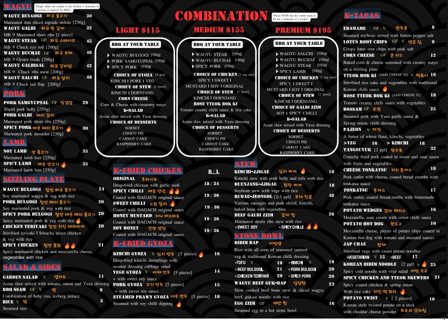 Menu, DAGACH KOREAN BBQ SANDRINGHAM