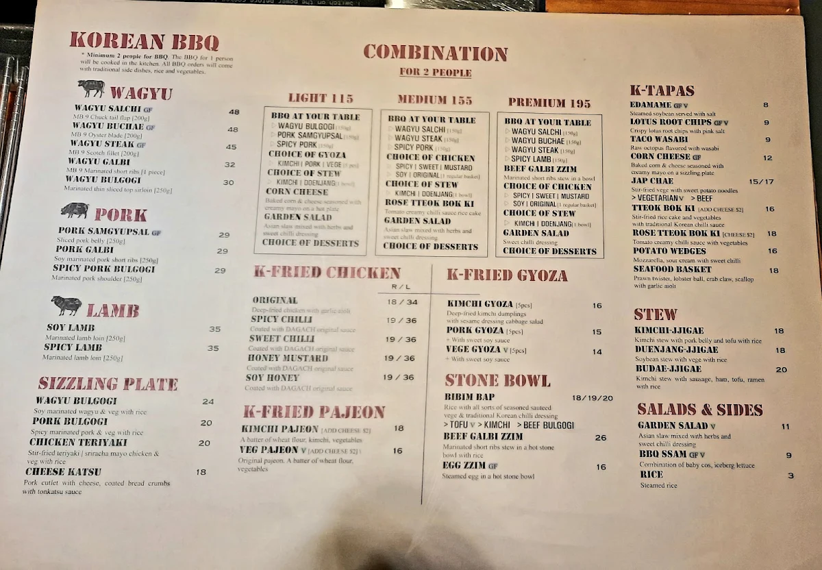 Menu, DAGACH KOREAN BBQ SANDRINGHAM
