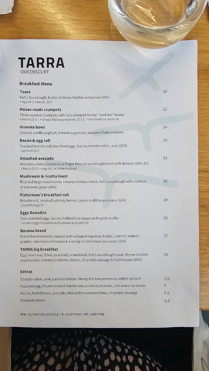 Menu, TARRA Queenscliff
