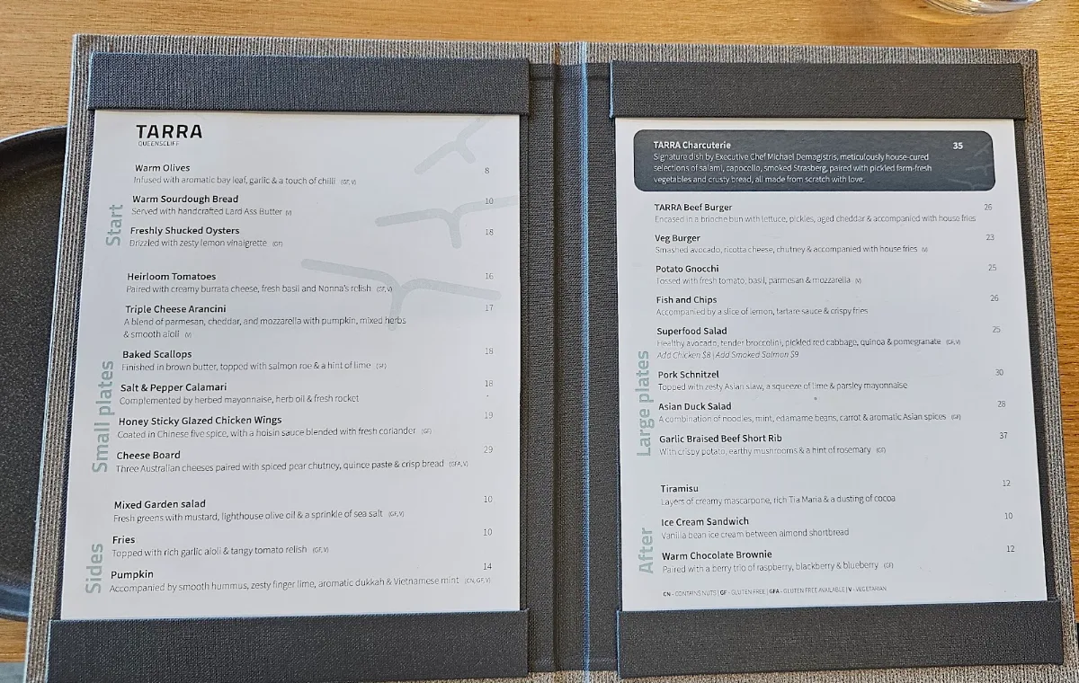 Menu, TARRA Queenscliff