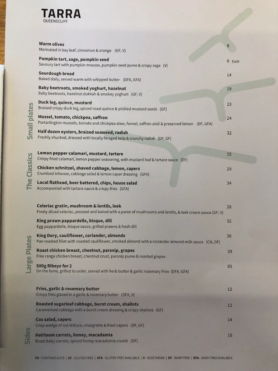 Menu, TARRA Queenscliff