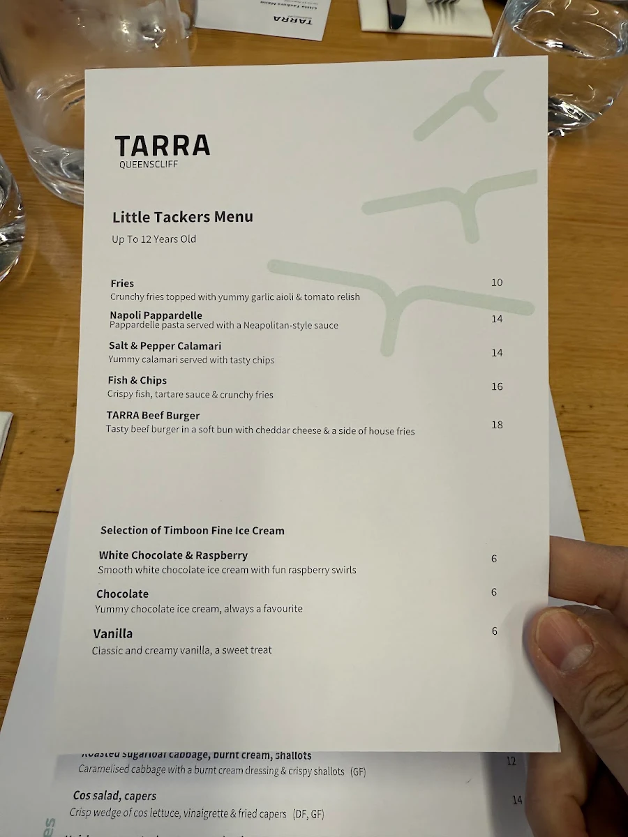 Menu, TARRA Queenscliff