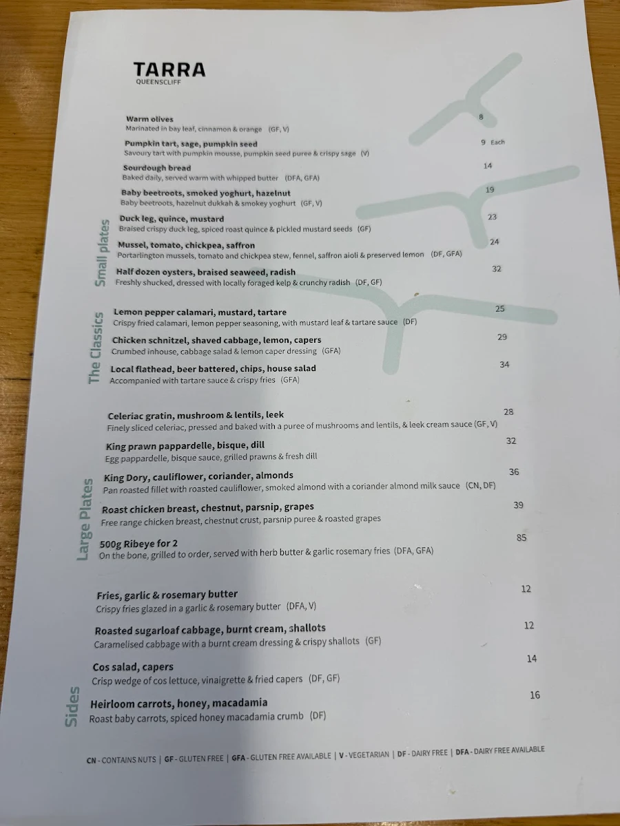 Menu, TARRA Queenscliff
