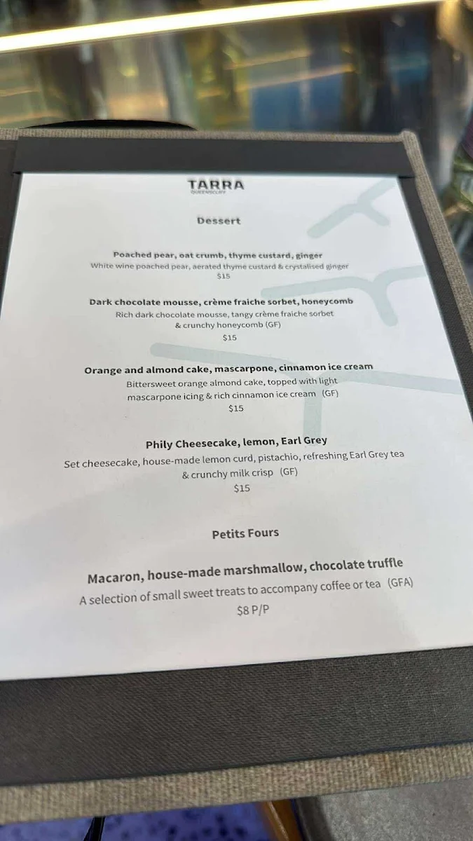 Menu, TARRA Queenscliff