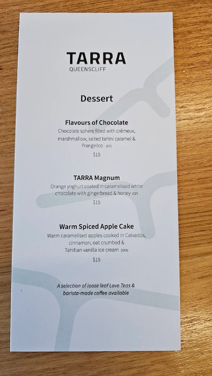 Menu, TARRA Queenscliff