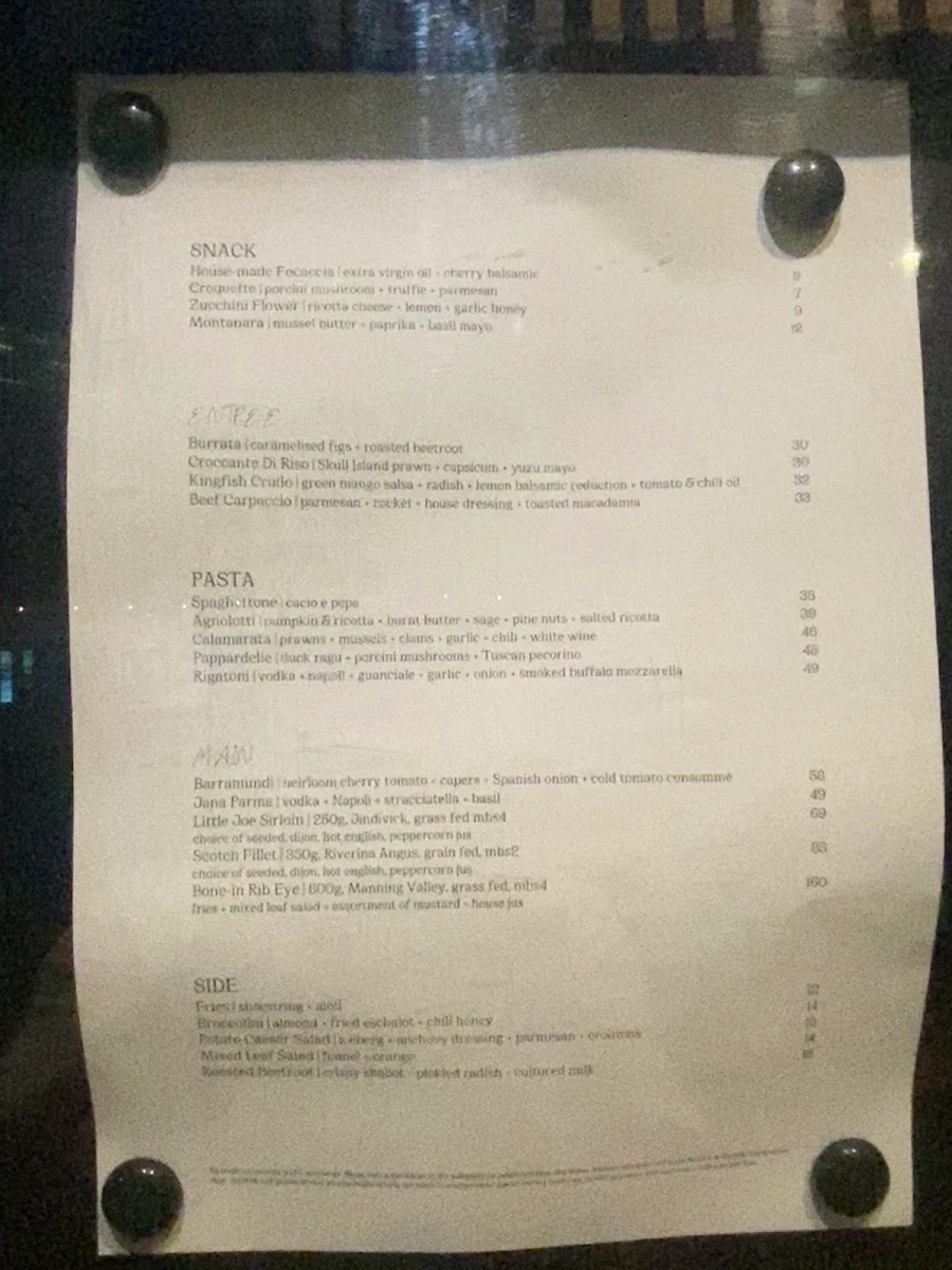 Menu, Jana Restaurant & Bar