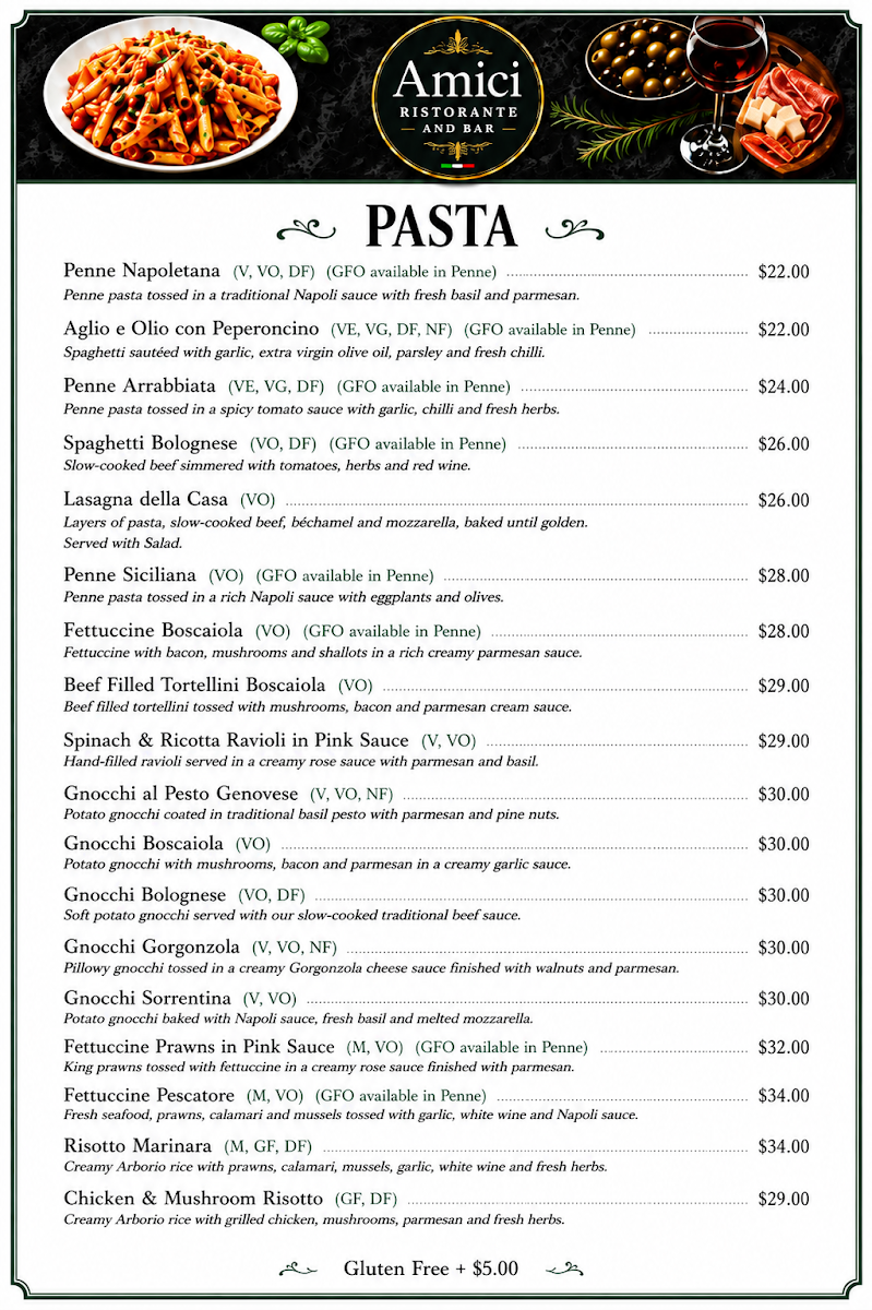 Menu, Amici Ristorante and Bar