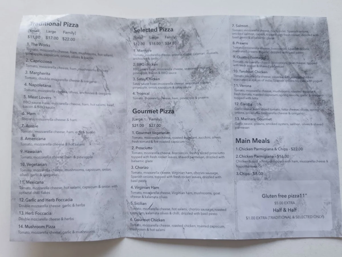 Menu, Pizza Works
