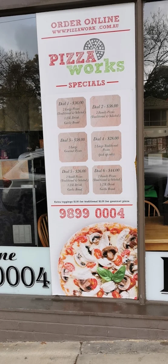 Menu, Pizza Works