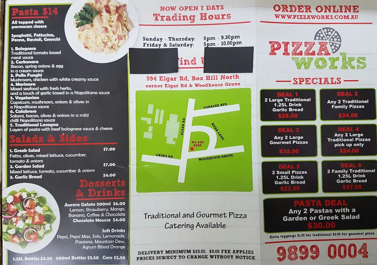 Menu, Pizza Works