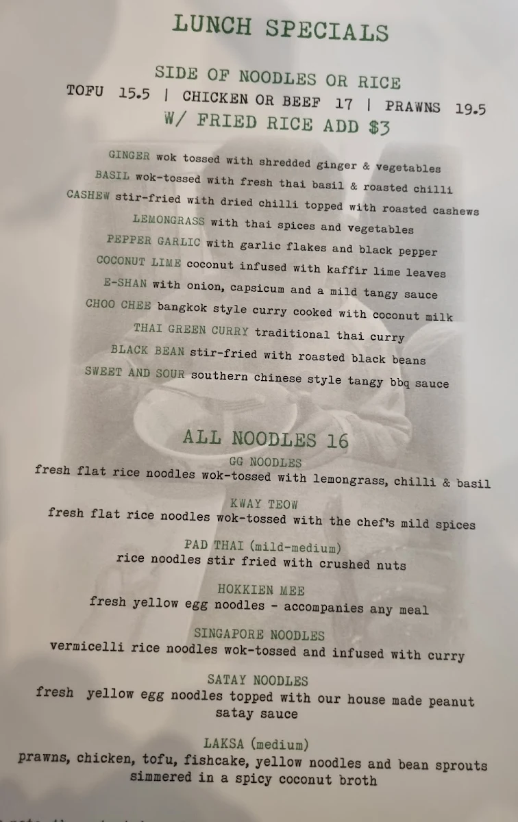 Menu, Green Ginger
