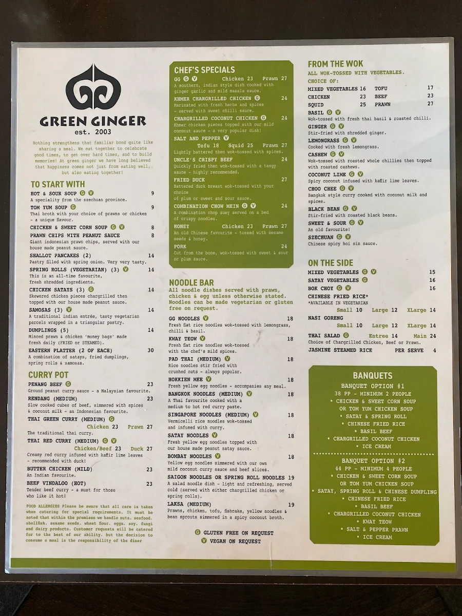 Menu, Green Ginger