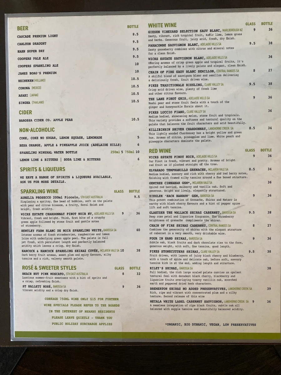 Menu, Green Ginger