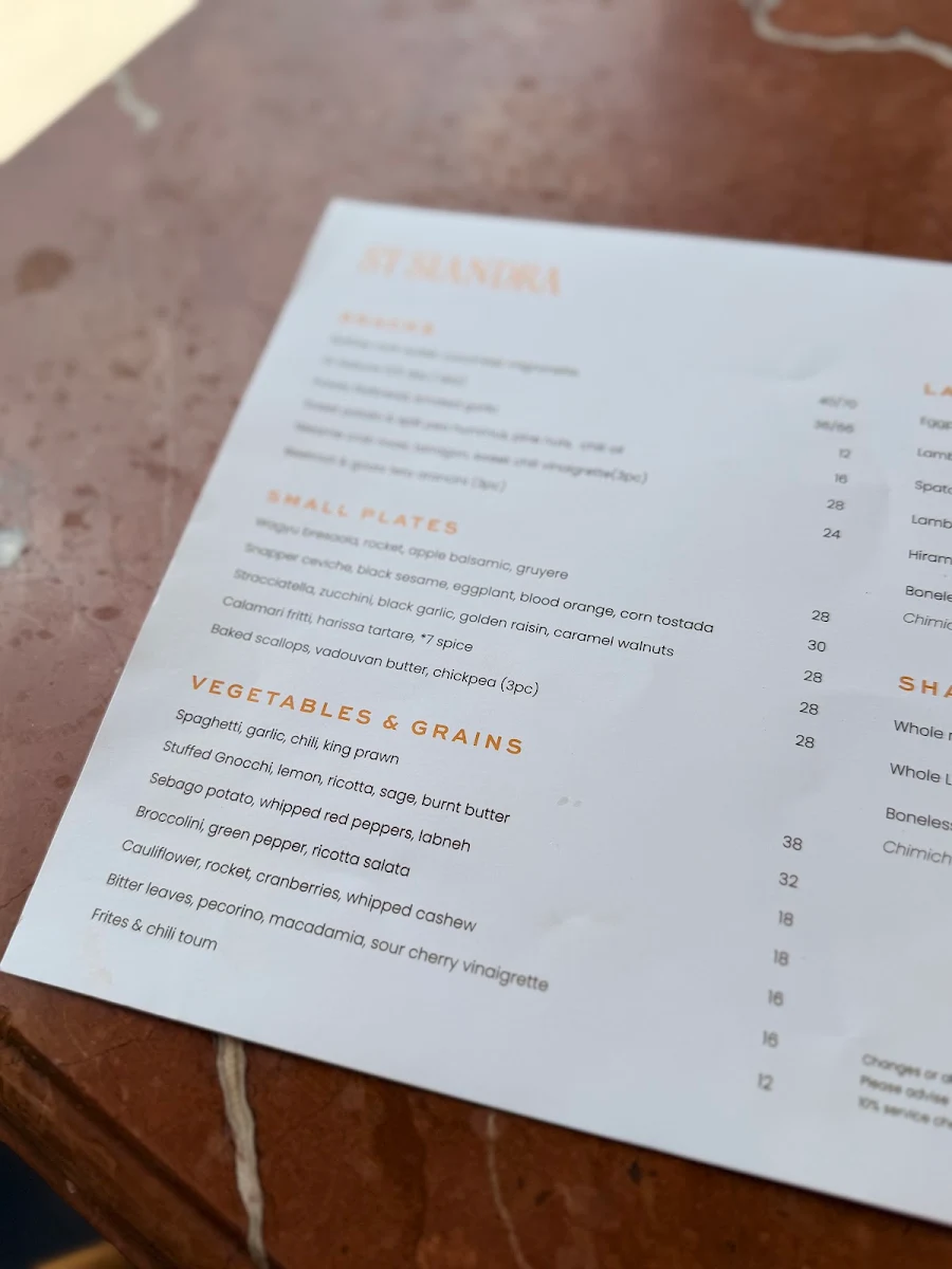 Menu, St Siandra