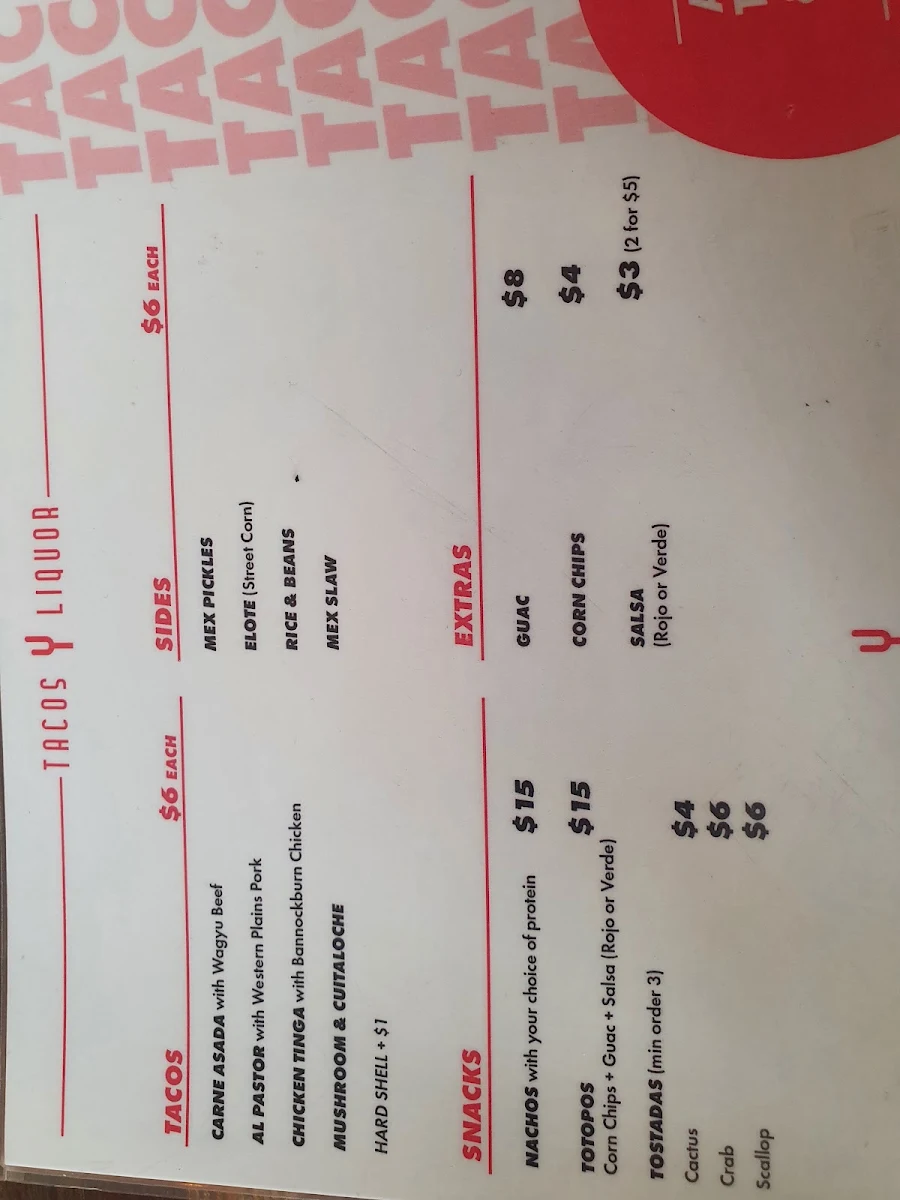 Menu, Tacos y Liquor