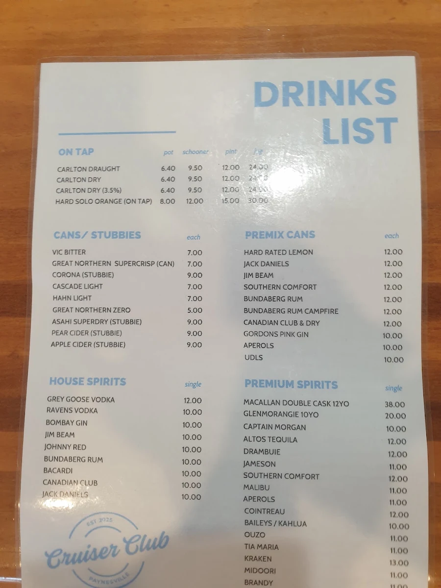 Menu, Cruiser Club Paynesville
