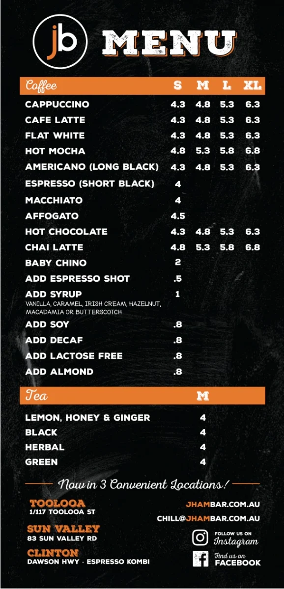 Menu, Jham Bar Espresso