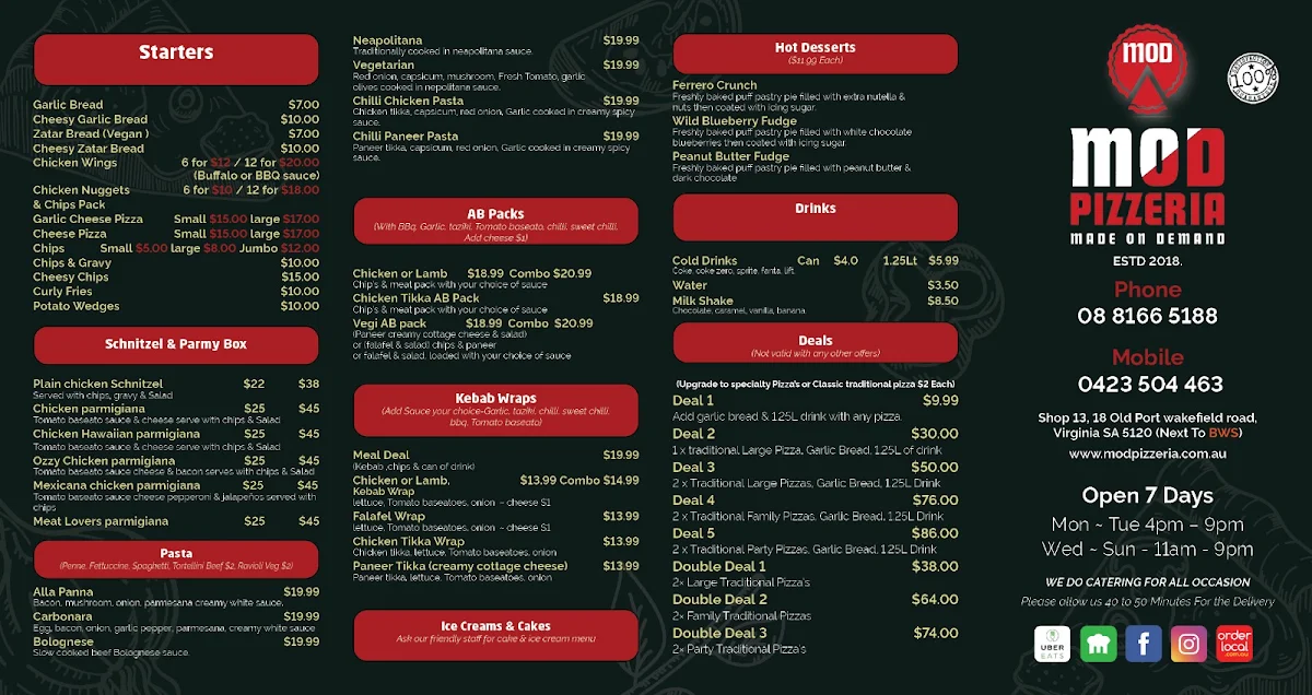 Menu, Mod Pizzeria Virginia