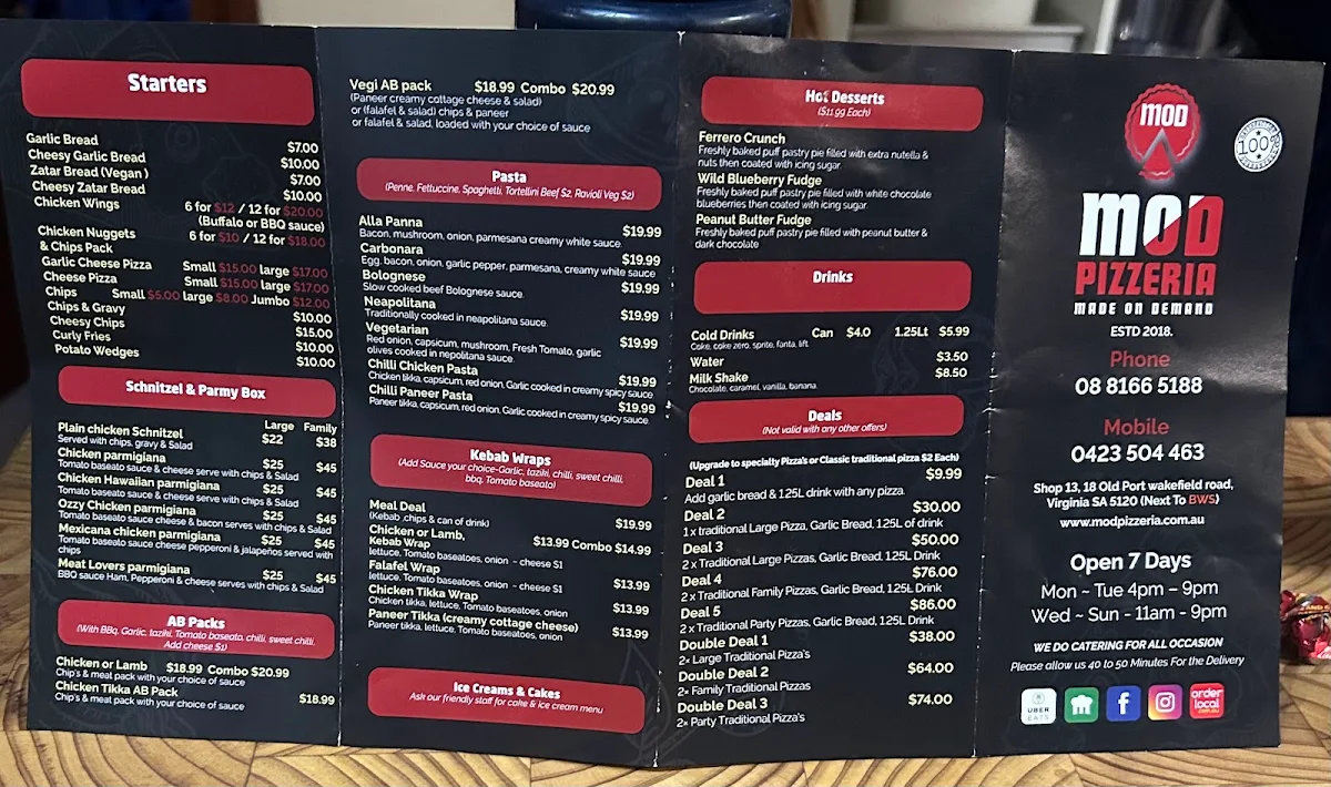 Menu, Mod Pizzeria Virginia