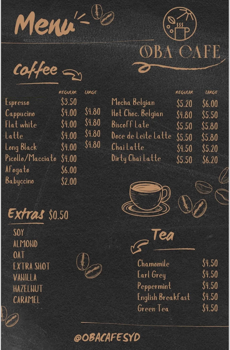 Menu, Oba Cafe