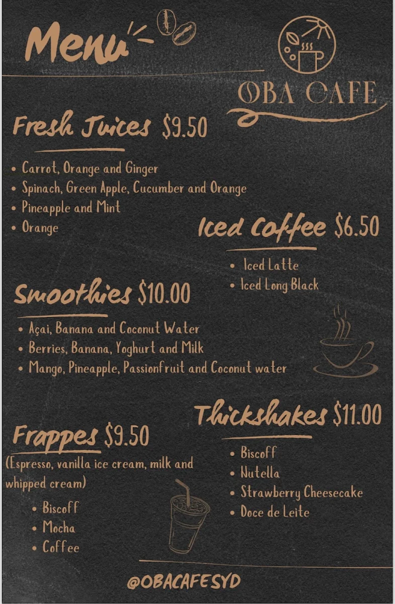 Menu, Oba Cafe