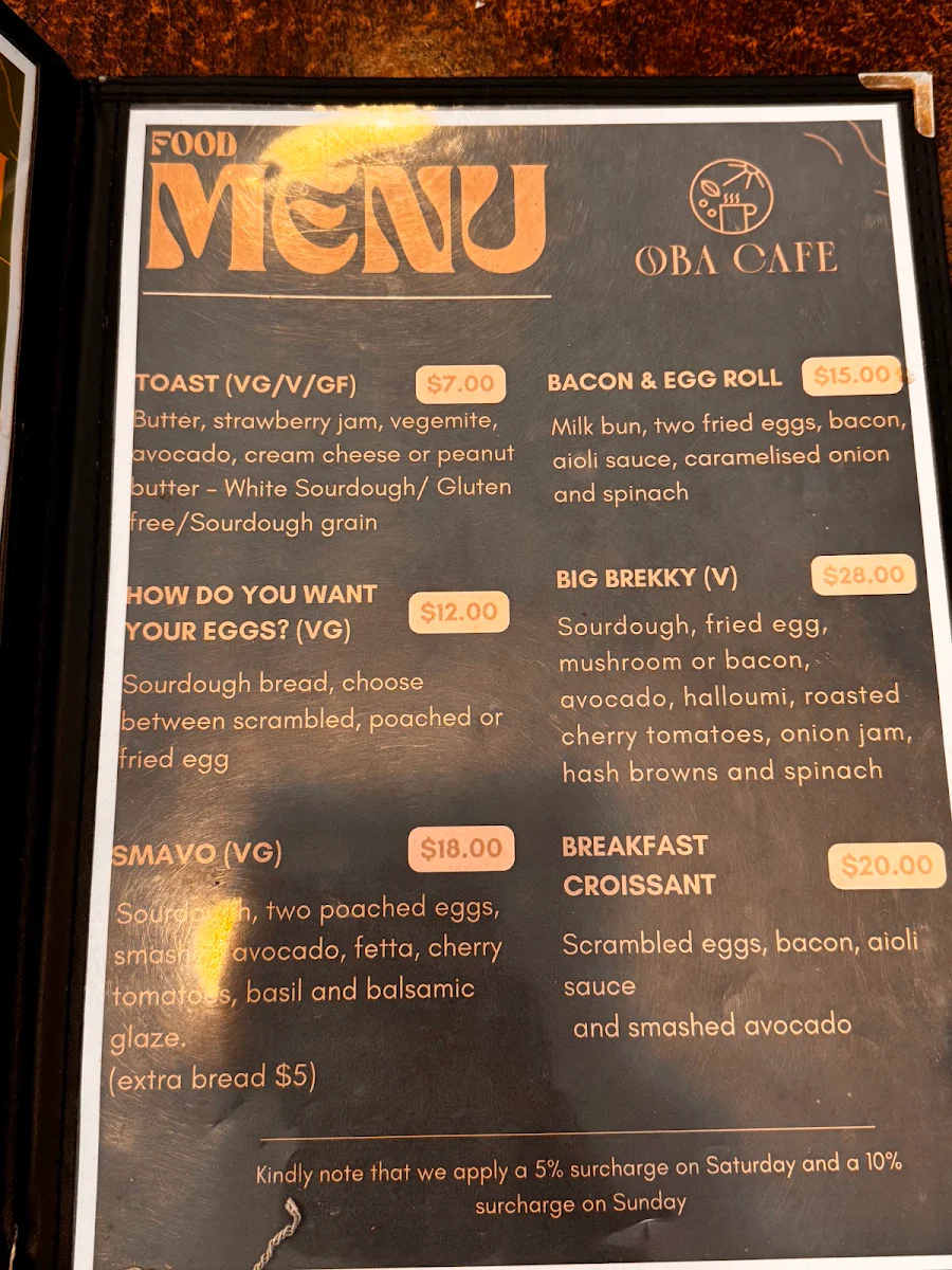 Menu, Oba Cafe