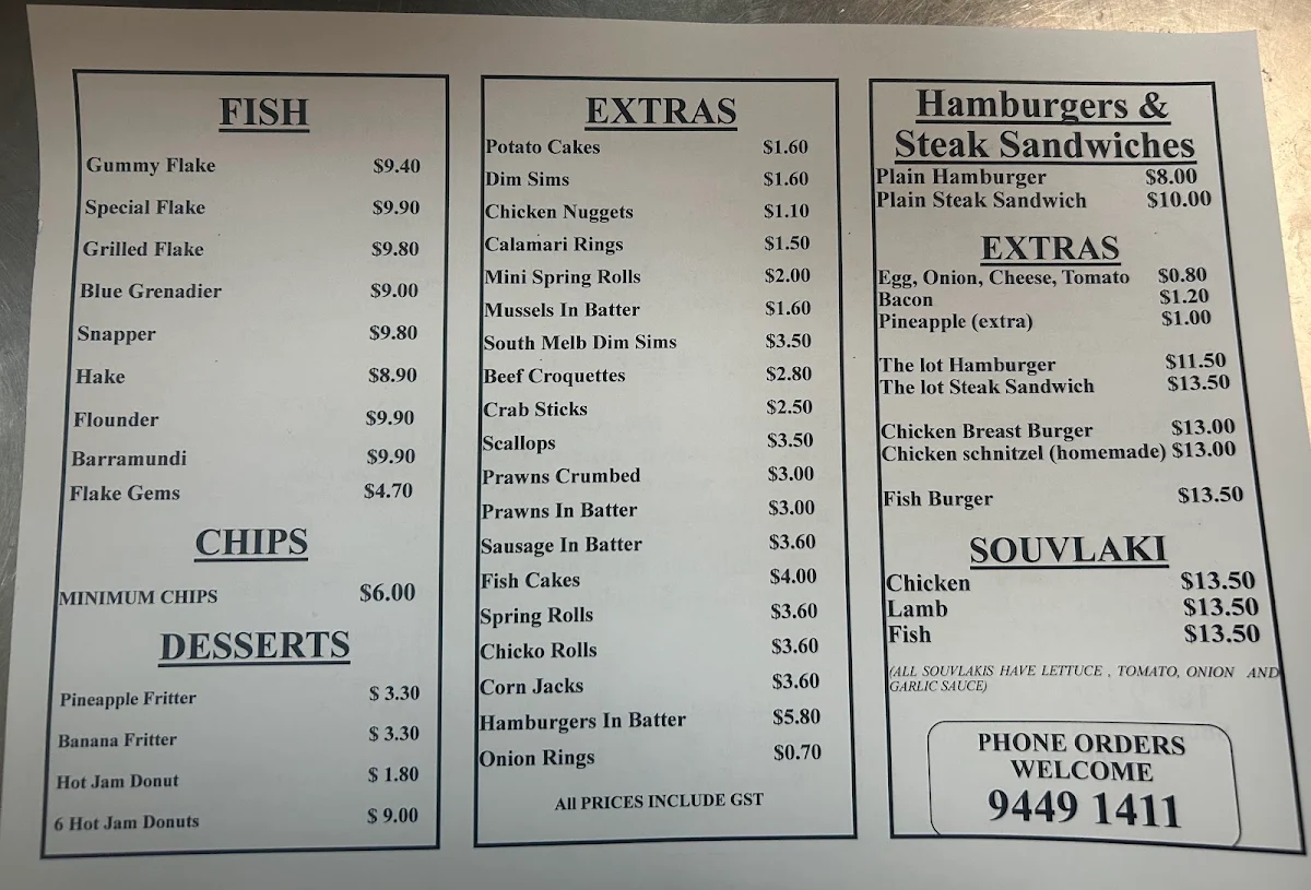 Menu, The fish bite sydenham